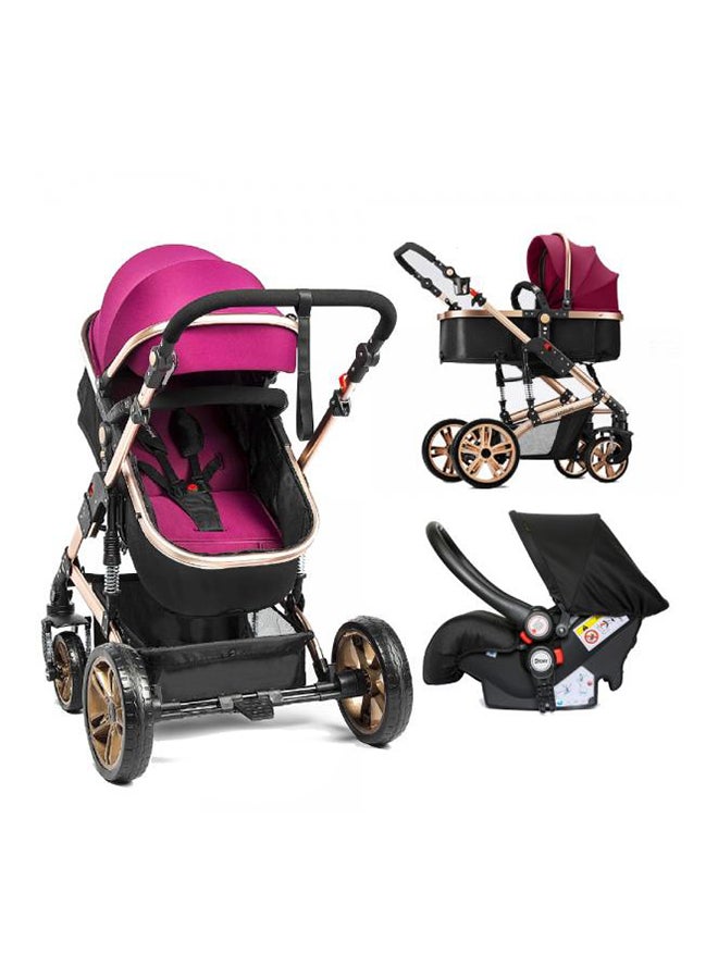 3 In1 Pram Stroller, Sleeping Bassinet And Extra Wide Seat With Wide Canopy For Baby Wine