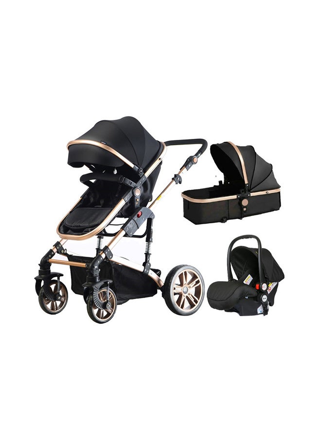 3 In1 Pram Stroller, Sleeping Bassinet And Extra Wide Seat With Wide Canopy For Baby Black