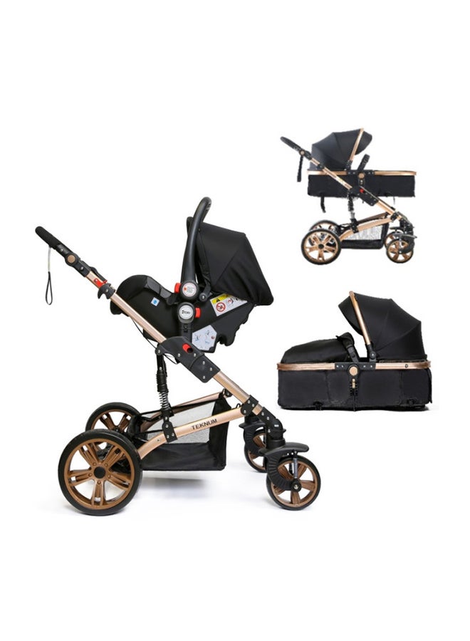 3 In1 Pram Stroller, Sleeping Bassinet And Extra Wide Seat With Wide Canopy For Baby Black