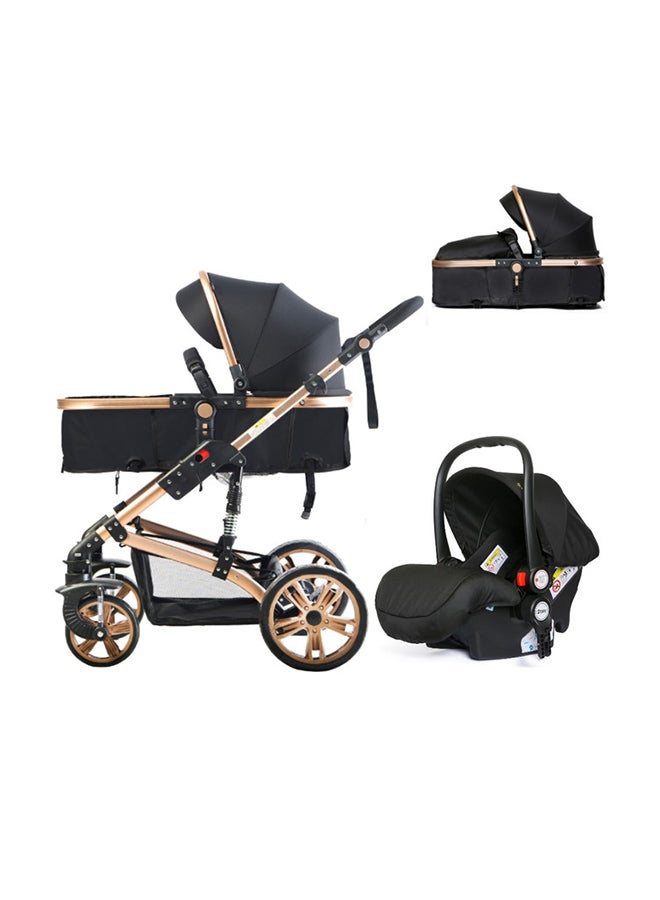 3 In1 Pram Stroller, Sleeping Bassinet And Extra Wide Seat With Wide Canopy For Baby Black