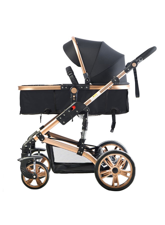 3 In1 Pram Stroller, Sleeping Bassinet And Extra Wide Seat With Wide Canopy For Baby Black