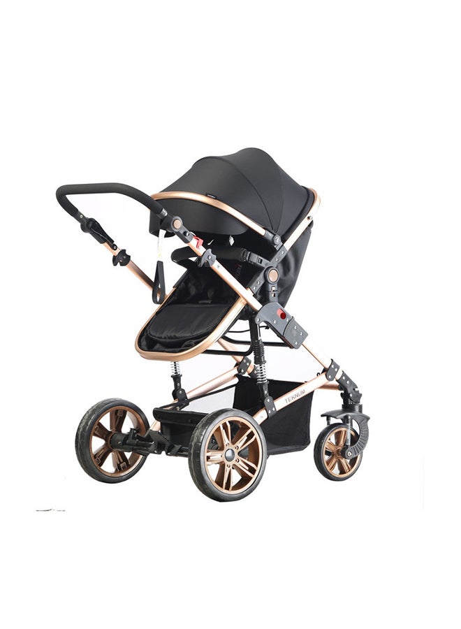 3 In1 Pram Stroller, Sleeping Bassinet And Extra Wide Seat With Wide Canopy For Baby Black