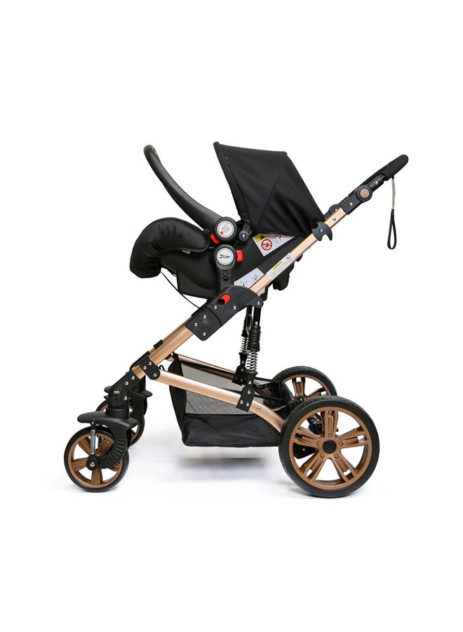 3 In1 Pram Stroller, Sleeping Bassinet And Extra Wide Seat With Wide Canopy For Baby Black