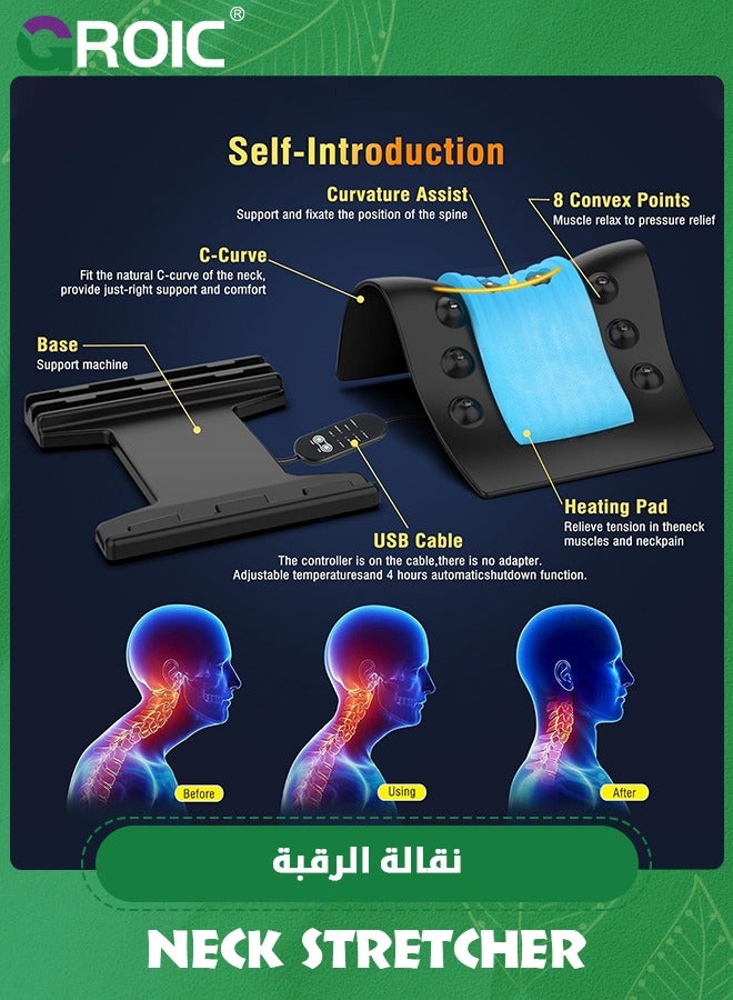 Cervical Traction Device - Heated Neck Stretcher for Instant Neck Pain Relief, Tension Headache Reduction, and TMJ Pain Relief, with Cervical Spine Pillow to Correct Neck Hump (Black)