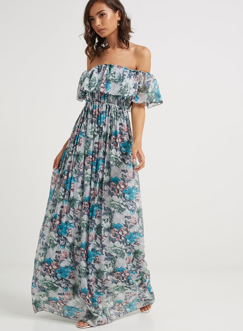 Frill Maxi Dress Grey/Blue