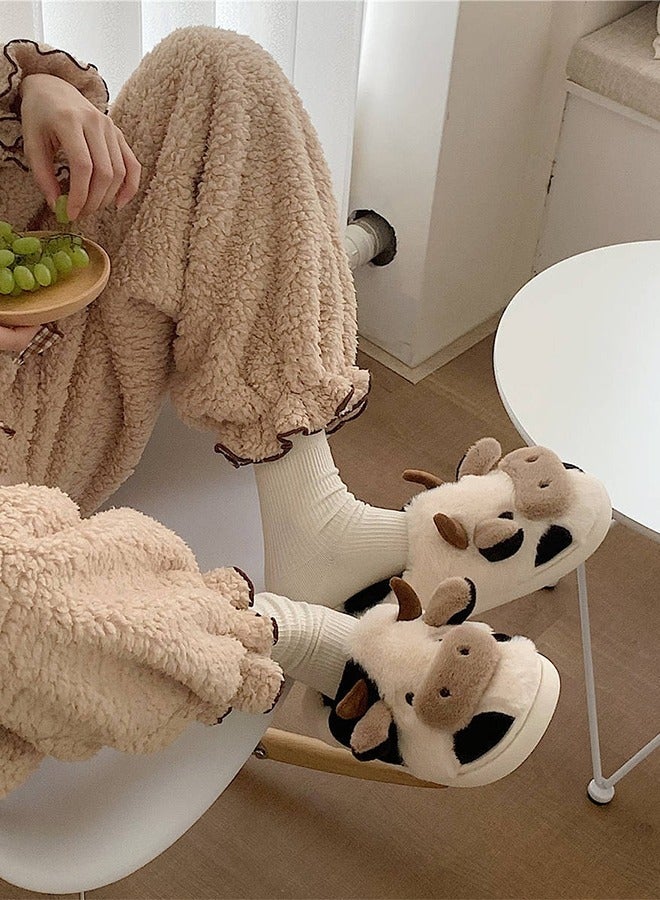 Soft and Lovely Cow Design Cotton Bedroom Slippers Winter Fashion Female Home Warm Plush Confinement Slippers for Women