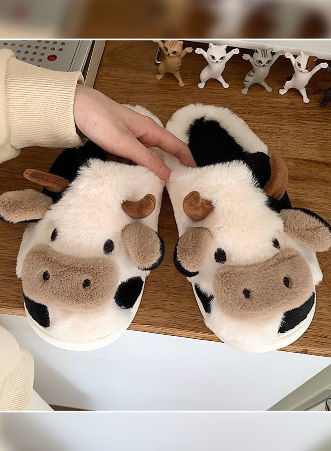 Soft and Lovely Cow Design Cotton Bedroom Slippers Winter Fashion Female Home Warm Plush Confinement Slippers for Women