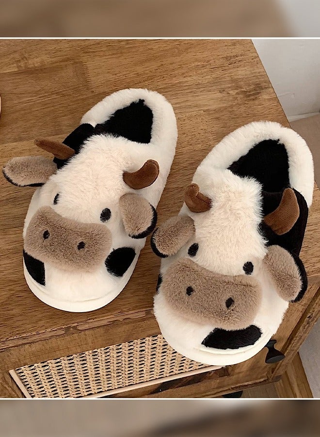 Soft and Lovely Cow Design Cotton Bedroom Slippers Winter Fashion Female Home Warm Plush Confinement Slippers for Women