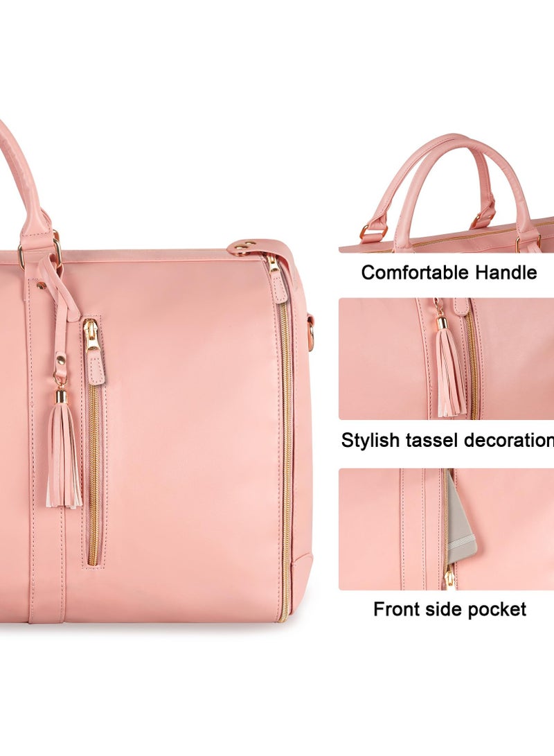 Carry On Garment Bag, Foldable PU Leather Duffle Bag for Women, Large Waterproof Garment Bags for Travel with Shoe Pouch, 2 in 1 Hanging Suitcase Suit Travel Essentials, Gifts for Women (Pink)