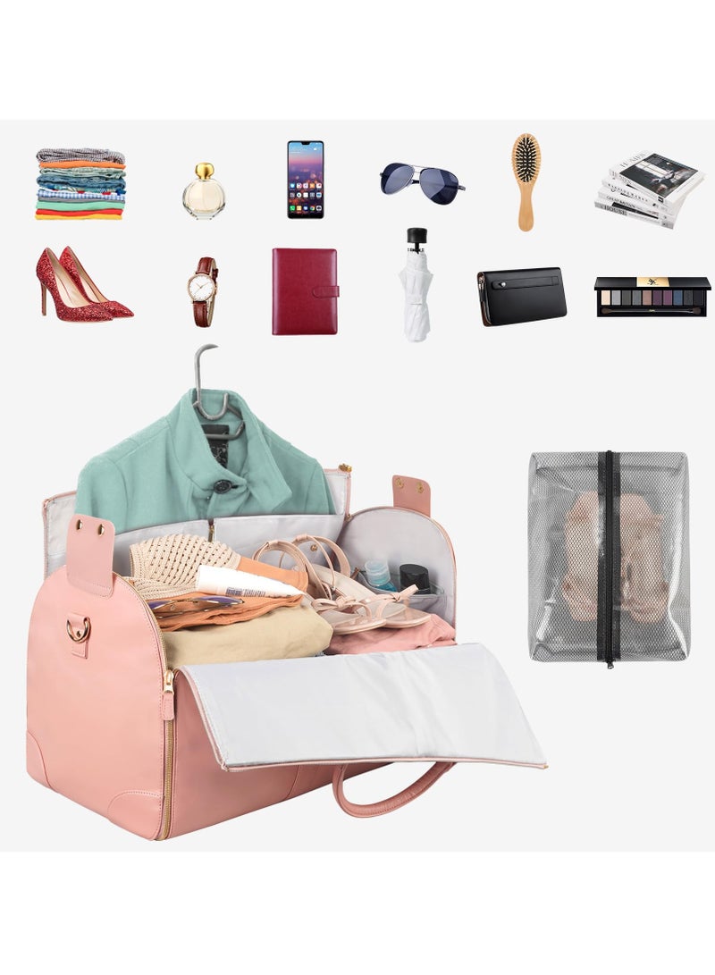 Carry On Garment Bag, Foldable PU Leather Duffle Bag for Women, Large Waterproof Garment Bags for Travel with Shoe Pouch, 2 in 1 Hanging Suitcase Suit Travel Essentials, Gifts for Women (Pink)