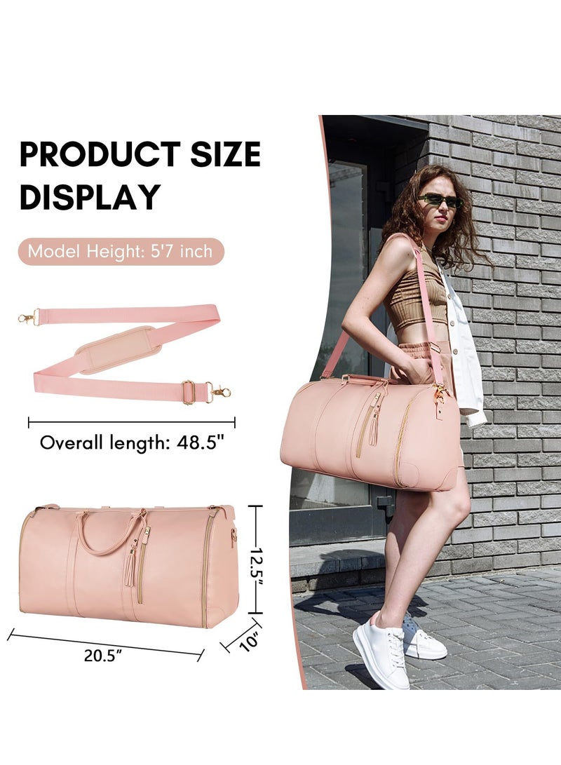 Carry On Garment Bag, Foldable PU Leather Duffle Bag for Women, Large Waterproof Garment Bags for Travel with Shoe Pouch, 2 in 1 Hanging Suitcase Suit Travel Essentials, Gifts for Women (Pink)