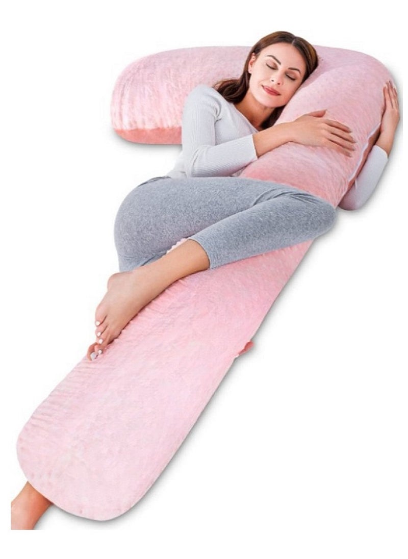 7 Shaped Maternity Pillow With Removable and Washable Soft Velvet Cover Pink 130x70cm