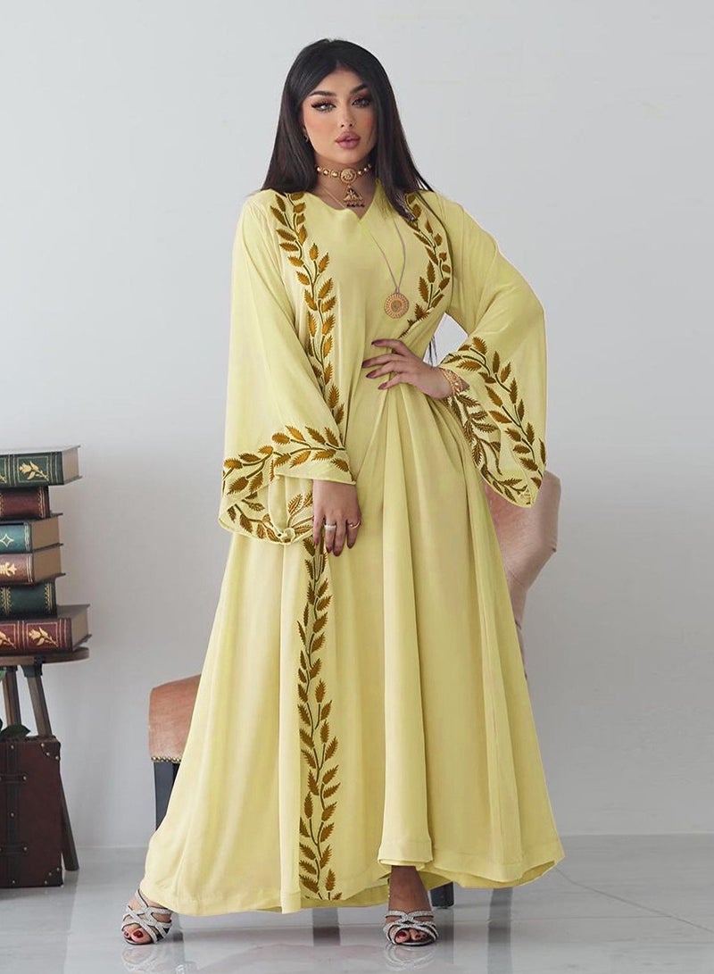 Fashion Chiffon Floral Embroidered Abaya With Hijab Yellow Color