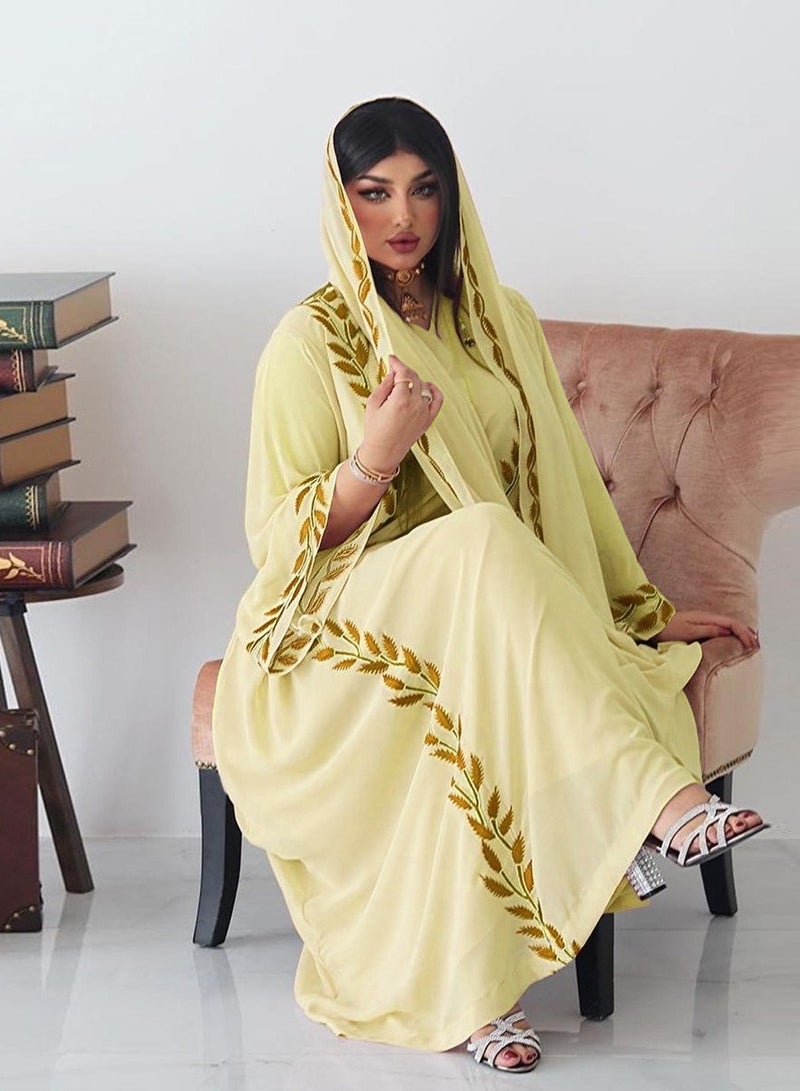 Fashion Chiffon Floral Embroidered Abaya With Hijab Yellow Color