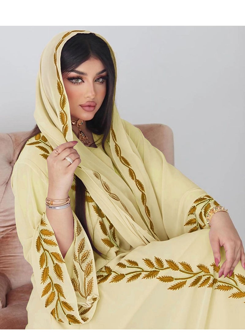 Fashion Chiffon Floral Embroidered Abaya With Hijab Yellow Color