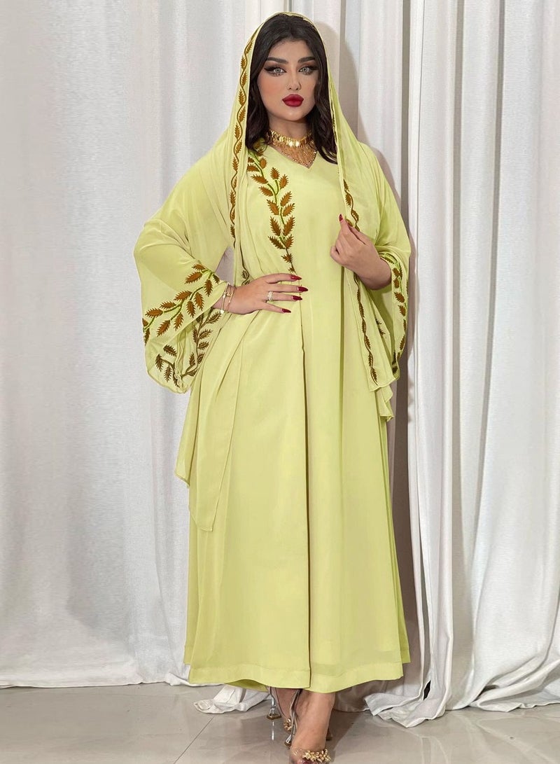 Fashion Chiffon Floral Embroidered Abaya With Hijab Yellow Color