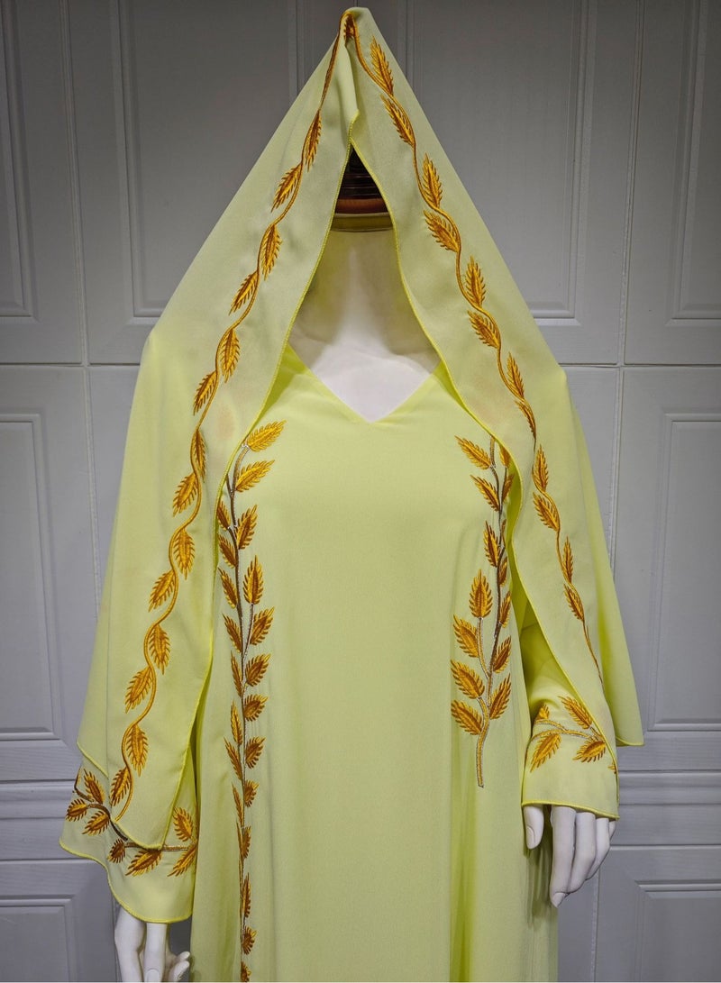 Fashion Chiffon Floral Embroidered Abaya With Hijab Yellow Color