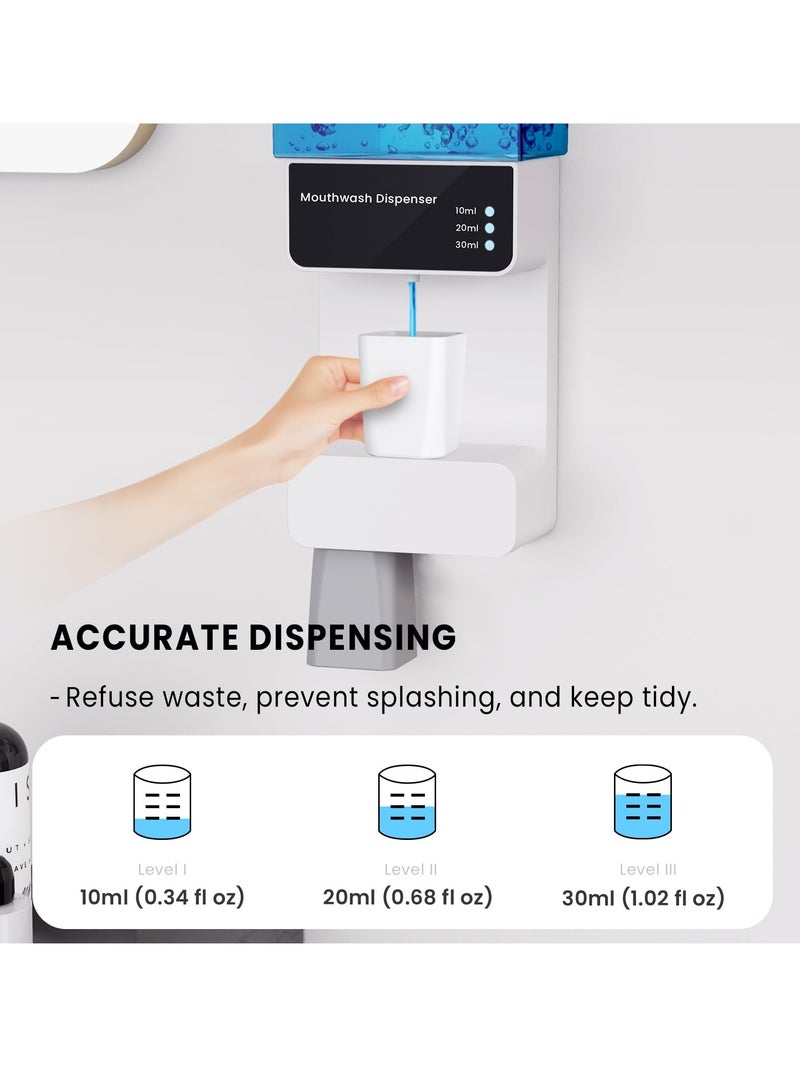 Automatic Mouthwash Dispenser with 2 Cups, 700ml Capacity, Electric Dispenser with 10/20/30ml Settings, Dual Magnetic Cups for Kids and Adults, Ideal for Bathroom