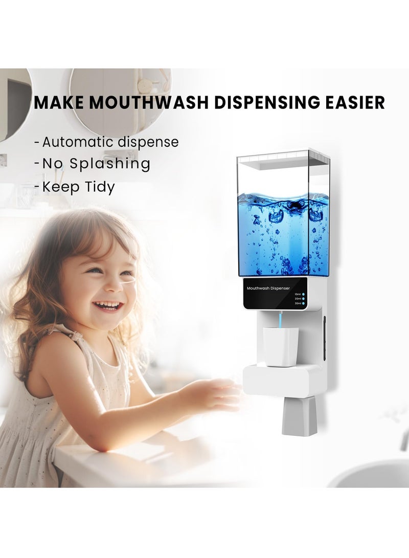 Automatic Mouthwash Dispenser with 2 Cups, 700ml Capacity, Electric Dispenser with 10/20/30ml Settings, Dual Magnetic Cups for Kids and Adults, Ideal for Bathroom