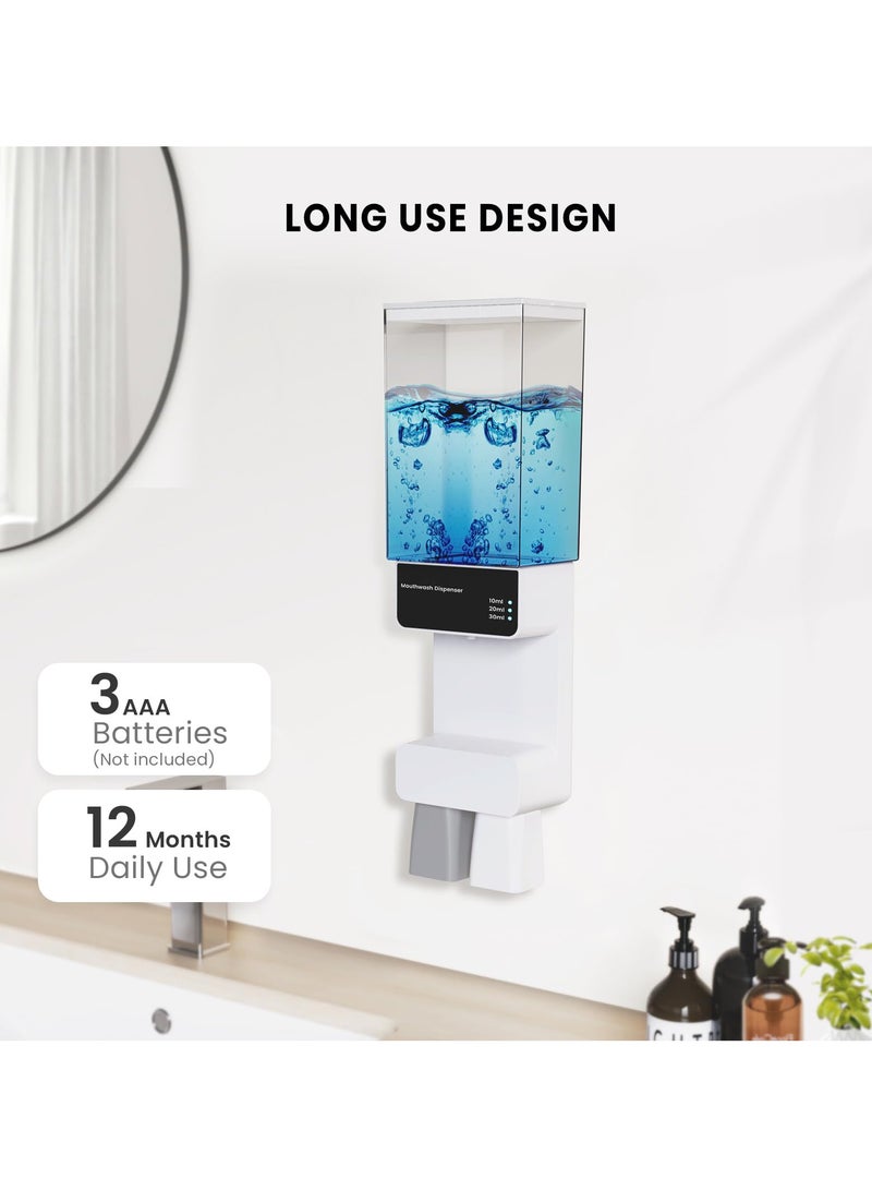 Automatic Mouthwash Dispenser with 2 Cups, 700ml Capacity, Electric Dispenser with 10/20/30ml Settings, Dual Magnetic Cups for Kids and Adults, Ideal for Bathroom