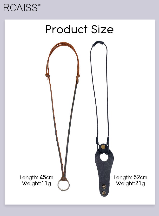 2Pcs Glasses Holder Necklace, Hanging Ring Adjustable Leather Cord Eyeglasses Strap Alloy Loop Ring and Cowhide Bracket Necklace Sunglass Holder Lanyard