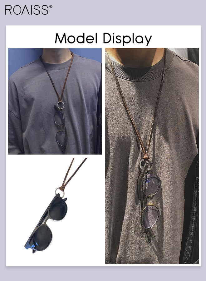 2Pcs Glasses Holder Necklace, Hanging Ring Adjustable Leather Cord Eyeglasses Strap Alloy Loop Ring and Cowhide Bracket Necklace Sunglass Holder Lanyard