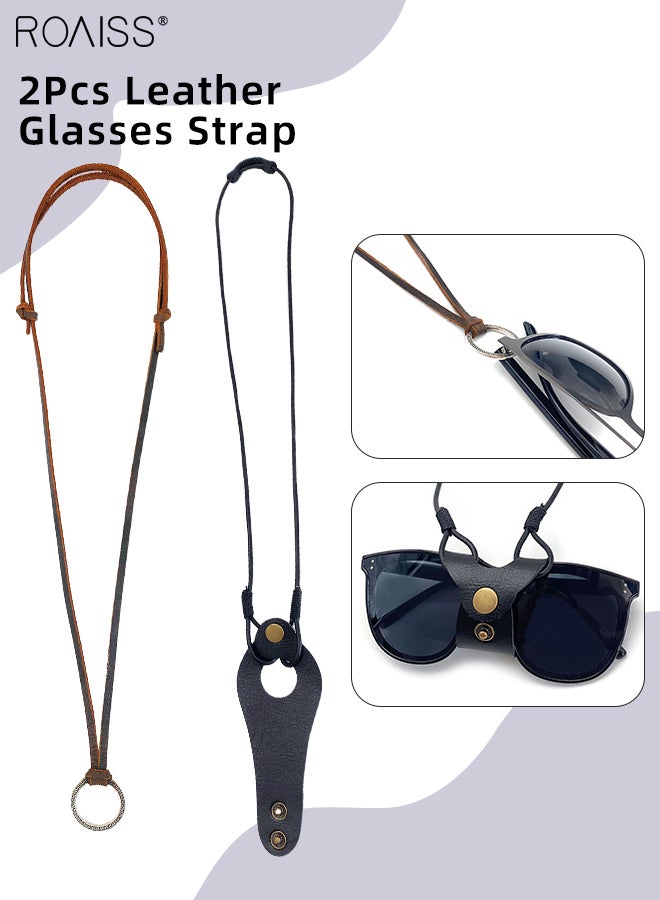 2Pcs Glasses Holder Necklace, Hanging Ring Adjustable Leather Cord Eyeglasses Strap Alloy Loop Ring and Cowhide Bracket Necklace Sunglass Holder Lanyard