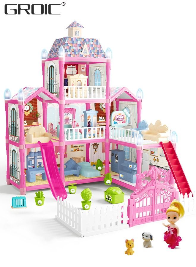 Doll House, 3 Stories 8 Rooms 1 Balcony, Dollhouse Sets with Dolls, Chimney & Slide, Furniture and Accessories, DIY Building Pretend Play Doll House, Playing House Building Playset