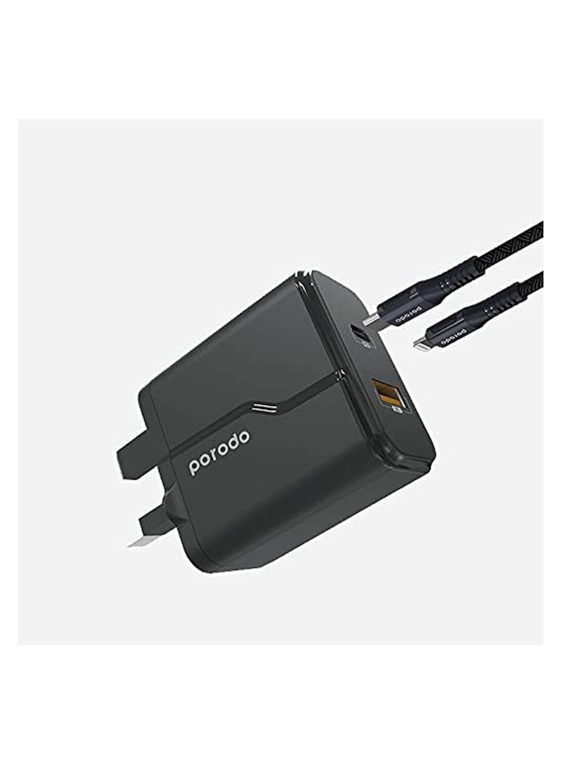 iPhone Wall Charger PD 20W + QC3.0 UK With Braided Type-C To Lightning PD Cable 1.2M Compatible with iPhone 14/14 Plus/ 14 Pro/iPhone 13/13 Plus/ 12/11/XS/Pro Max /Pro/Mini/SE/ ipad 9 etc, Black