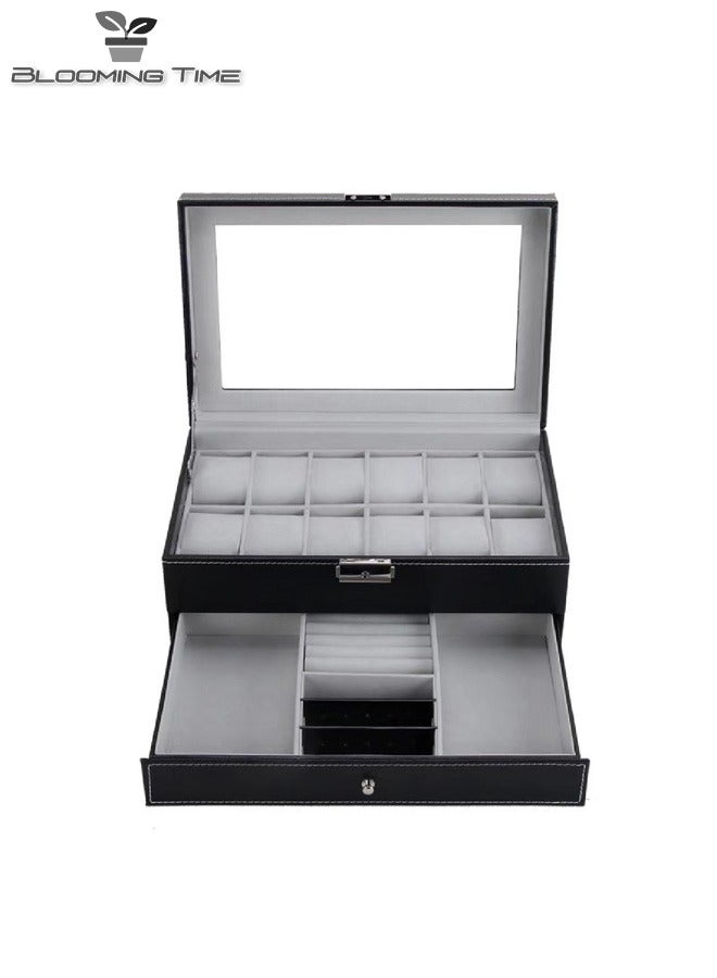 2-layer jewelry watch storage box pu leather fabric black