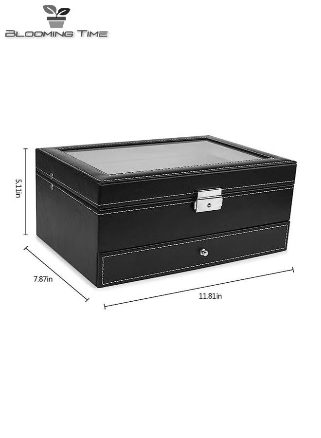 2-layer jewelry watch storage box pu leather fabric black