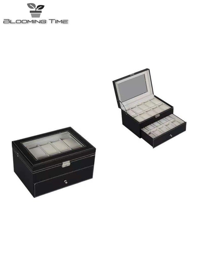 2-layer jewelry watch storage box pu leather fabric black