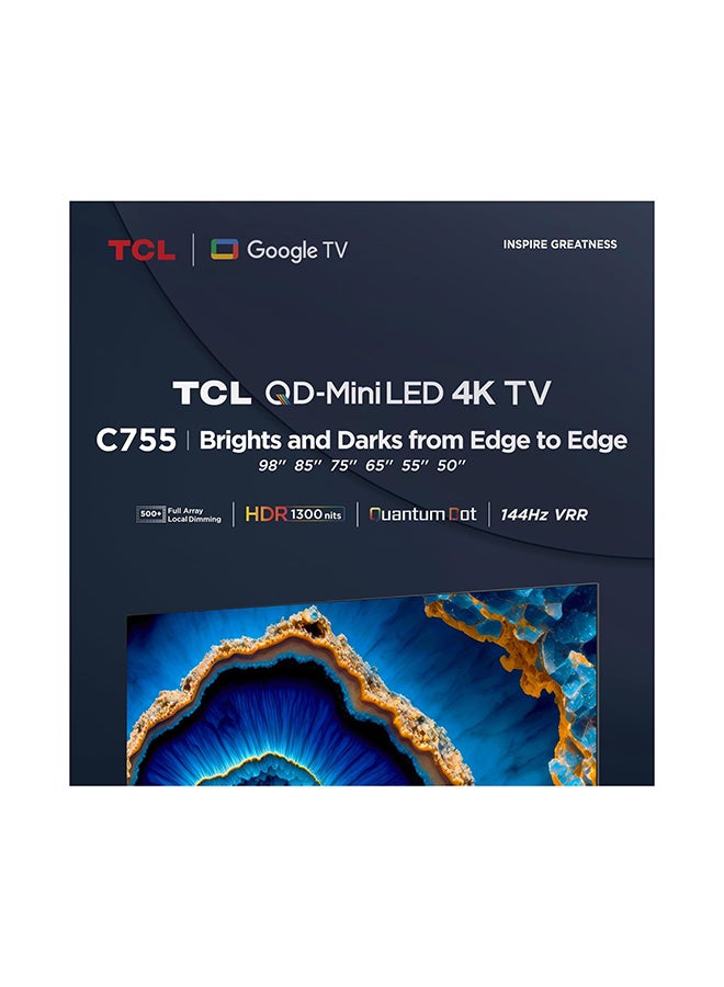 98 Inch TV 4K QD-Mini LED Smart Google TV Game Master 2.0 Dolby Vision IQ-Atmos HDR 1600 Nits Peak IMAX Enhanced 144HZ VRR - (2023 Model) 98C755 Black