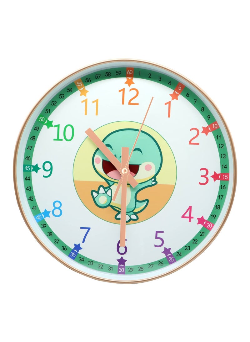 Learning Clock for Kids, Telling Time Teaching Clock, Kids Room Wall Clocks, Silent Non Ticking Learn to Tell Time Clock, Colorful Wall Clock for Kids Room, Bedrooms, Playroom, School (Dinosaur)