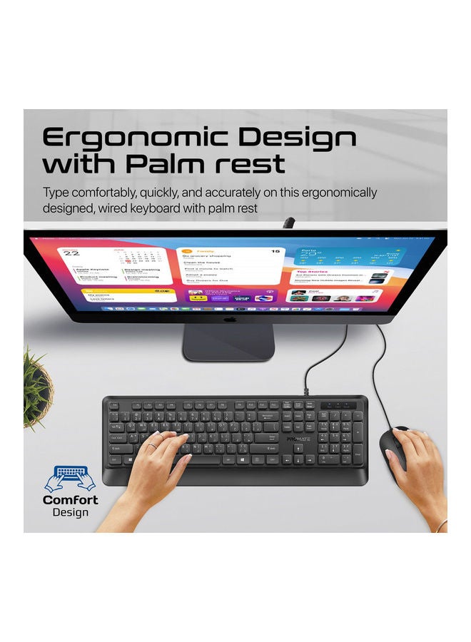 Ultra-Slim Wired Keyboard with 2400 DPI Mouse, Silicone Grip, Palm Rest and Angled Design, Combo-CM5 Black