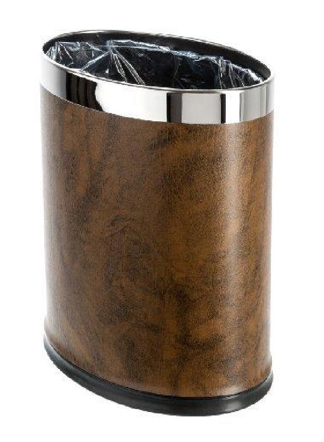 Brelso 'Invisi-Overlap' Open Top Leatherette Trash Can, Small Office Wastebasket, Modern Home Décor, Oval Shape (Brown)