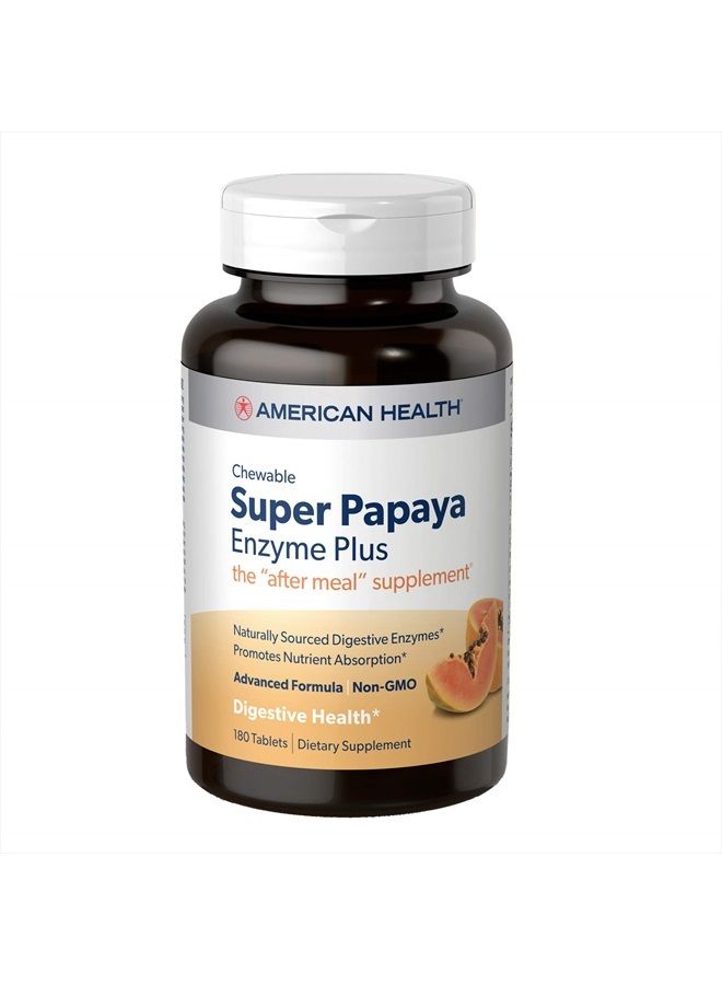 Super Papaya Enzyme Plus Chewable Tablets, Natural Papaya Flavor - Promotes Digestion & Nutrient Absorption, Contains Papain & Other Enzymes - 180 Count, 60 Total Servings