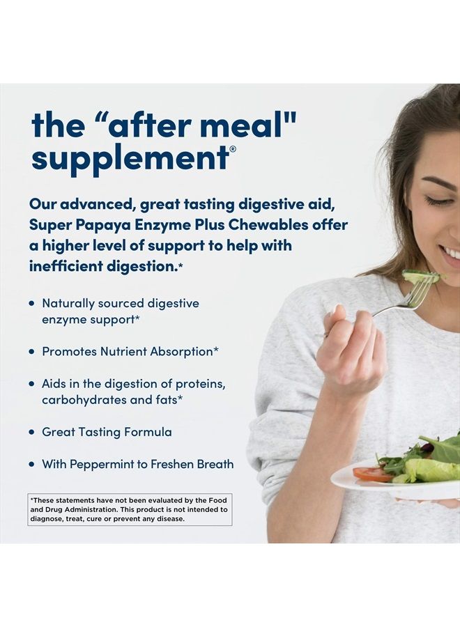 Super Papaya Enzyme Plus Chewable Tablets, Natural Papaya Flavor - Promotes Digestion & Nutrient Absorption, Contains Papain & Other Enzymes - 180 Count, 60 Total Servings