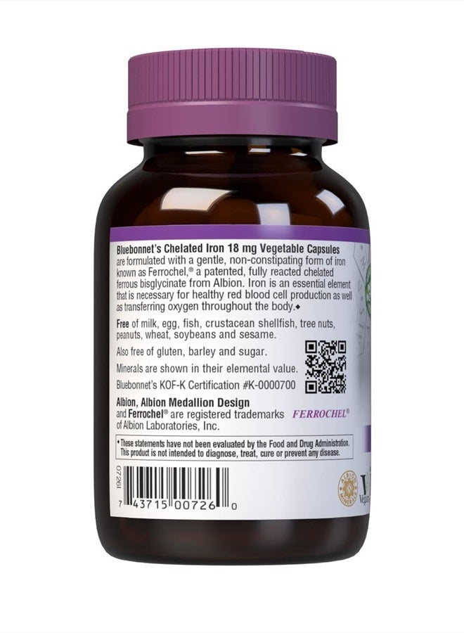 Nutrition Chelated Iron 18 mg - non-constipating Iron - Soy-Free, Gluten-Free, Non-GMO, Kosher Certified, Dairy-Free, Vegan - 90 Vegetable Capsules, 90 Servings