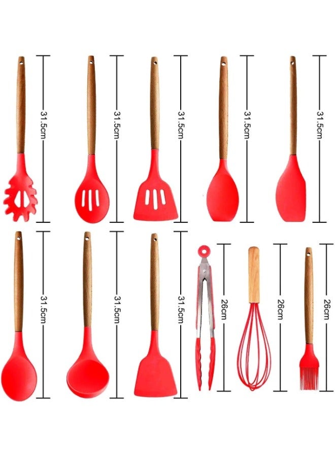 Utensils Set, 11 Piece Silicone Cooking Utensils Set with Hardwood Handles, Nonstick Kitchen Tools Kit for Baking, Mixing, and Serving, Heat Resistant Spatulas and Spoons Set