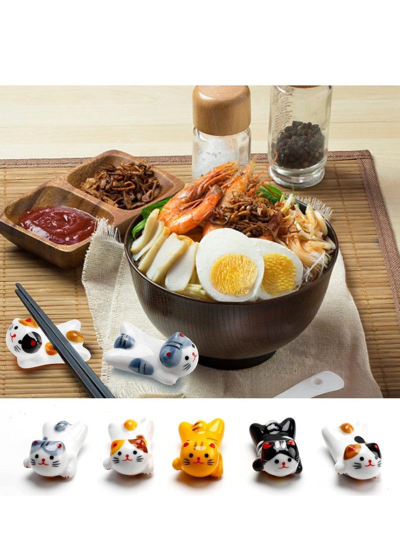 Ceramic Cute Cat Chopsticks Holder Set, 5 Pack Cute Chopsticks Rest Japanese Style Porcelain Lucky Cat Spoon Rest ceramic chopsticks for Dinner Fork Knife Tableware, Decoration Home Kitchen Gift