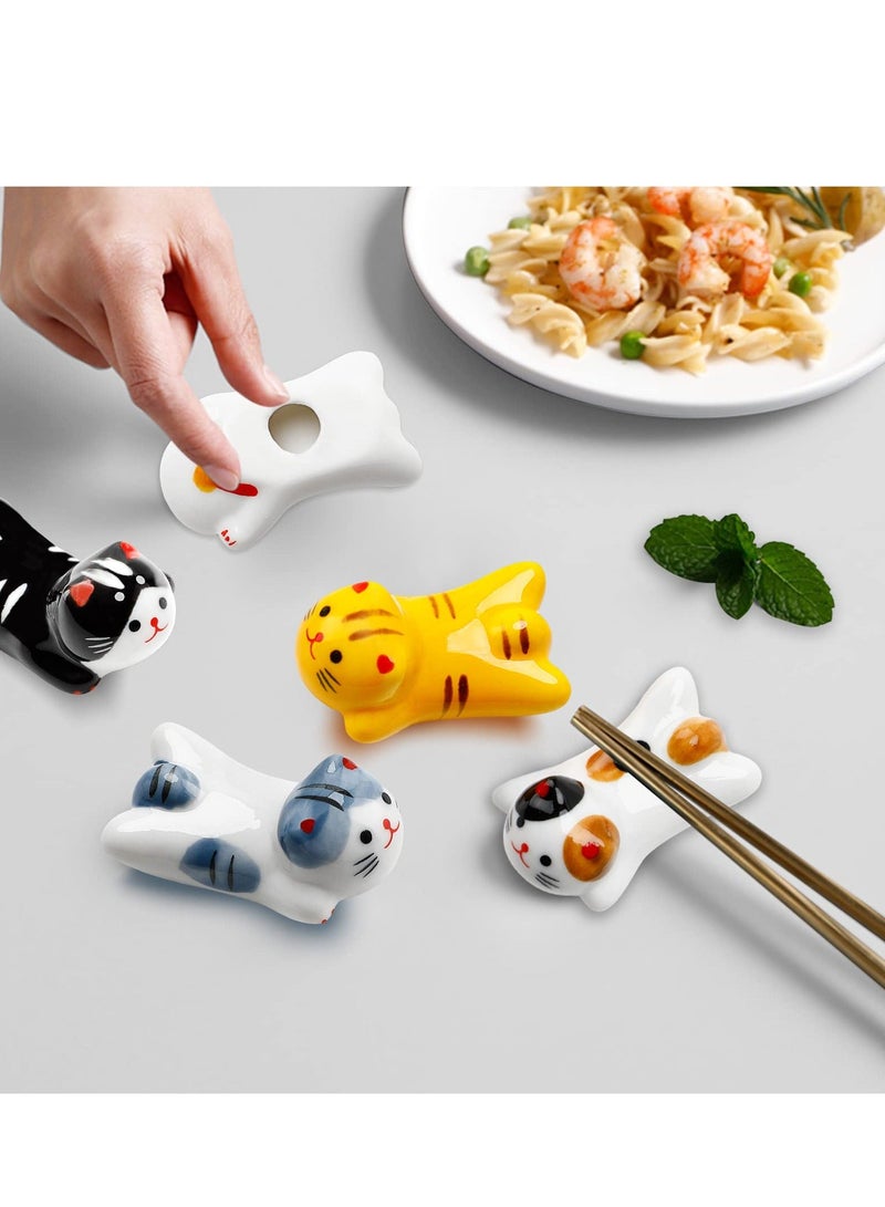 Ceramic Cute Cat Chopsticks Holder Set, 5 Pack Cute Chopsticks Rest Japanese Style Porcelain Lucky Cat Spoon Rest ceramic chopsticks for Dinner Fork Knife Tableware, Decoration Home Kitchen Gift