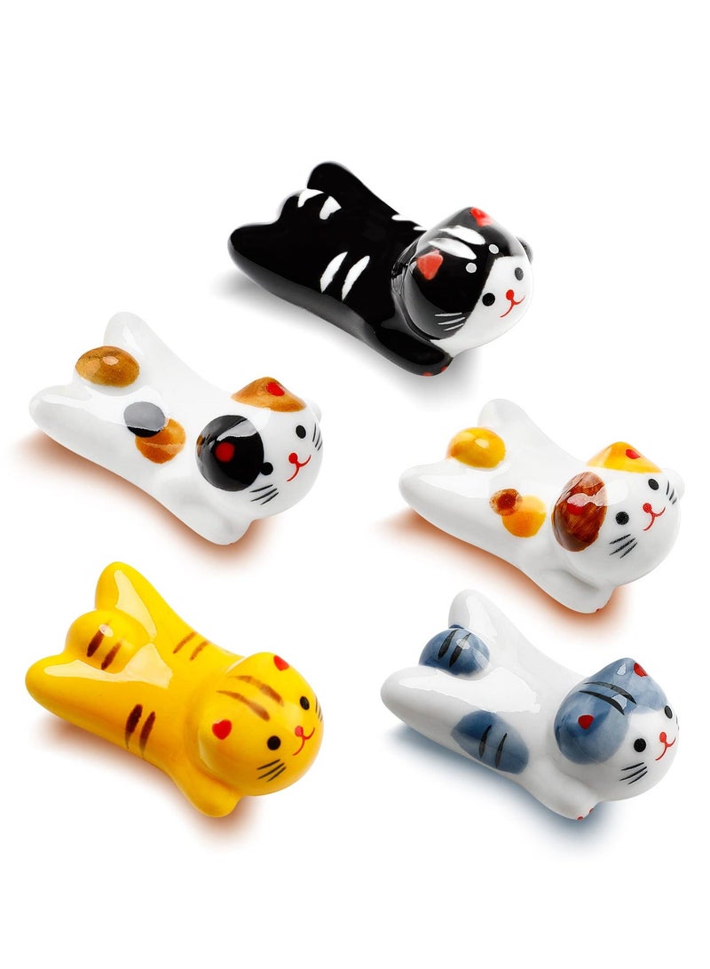 Ceramic Cute Cat Chopsticks Holder Set, 5 Pack Cute Chopsticks Rest Japanese Style Porcelain Lucky Cat Spoon Rest ceramic chopsticks for Dinner Fork Knife Tableware, Decoration Home Kitchen Gift