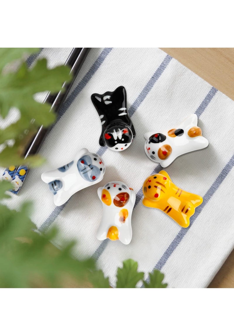 Ceramic Cute Cat Chopsticks Holder Set, 5 Pack Cute Chopsticks Rest Japanese Style Porcelain Lucky Cat Spoon Rest ceramic chopsticks for Dinner Fork Knife Tableware, Decoration Home Kitchen Gift