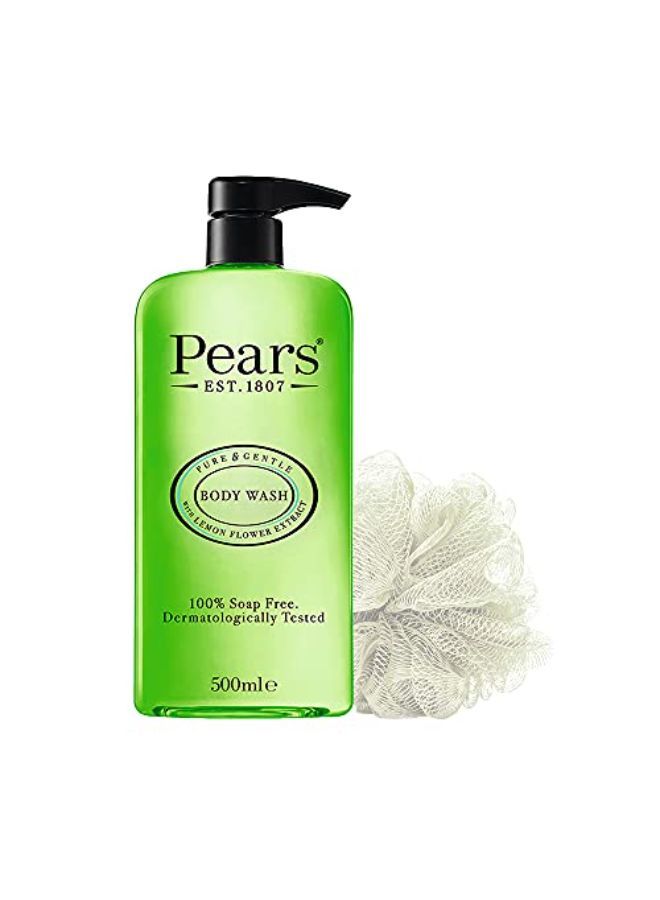 Pure & Gentle Lemon Flower Extract Body Wash With Glycerin , Dermatogically Tested, 100% Soap Free Shower Gel,Imported,500 Ml (Free Loofah)