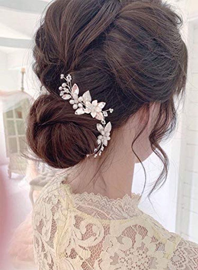 Bride Wedding Flower Hair Pins Bridal Pearl Hair Piece Crystal Hair Accessories For Women And Girls (Pack Of 3) (A-Silver)