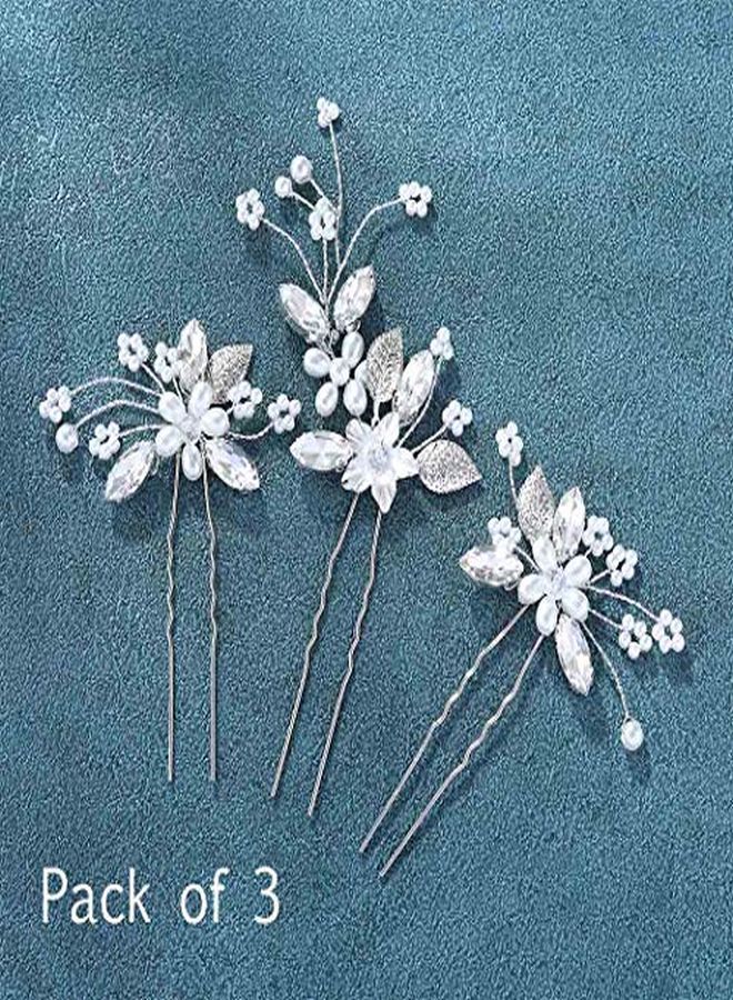 Bride Wedding Flower Hair Pins Bridal Pearl Hair Piece Crystal Hair Accessories For Women And Girls (Pack Of 3) (A-Silver)