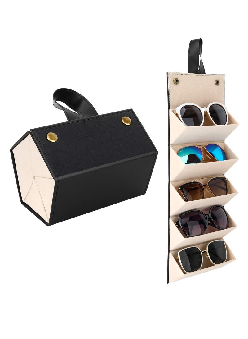 Sunglasses Organizer, Portable Travel Glasses Case Folding Organizer with 5 Slots Can Be Unfolded Hanging Glasses Storage Rack Creative Handheld Glasses Bag for Men and Women (black)