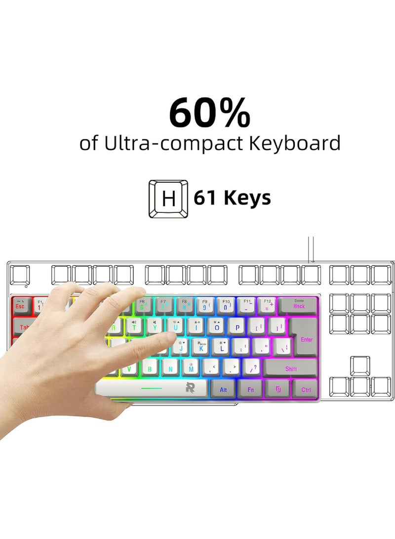 Arabic English 60% Wired Gaming Keyboard RGB Backlit Mini Keyboard Waterproof Small Ultra-Compact 61 Keys Keyboard for PC/Mac Gamer Typist Travel Easy to Carry on Business Trip