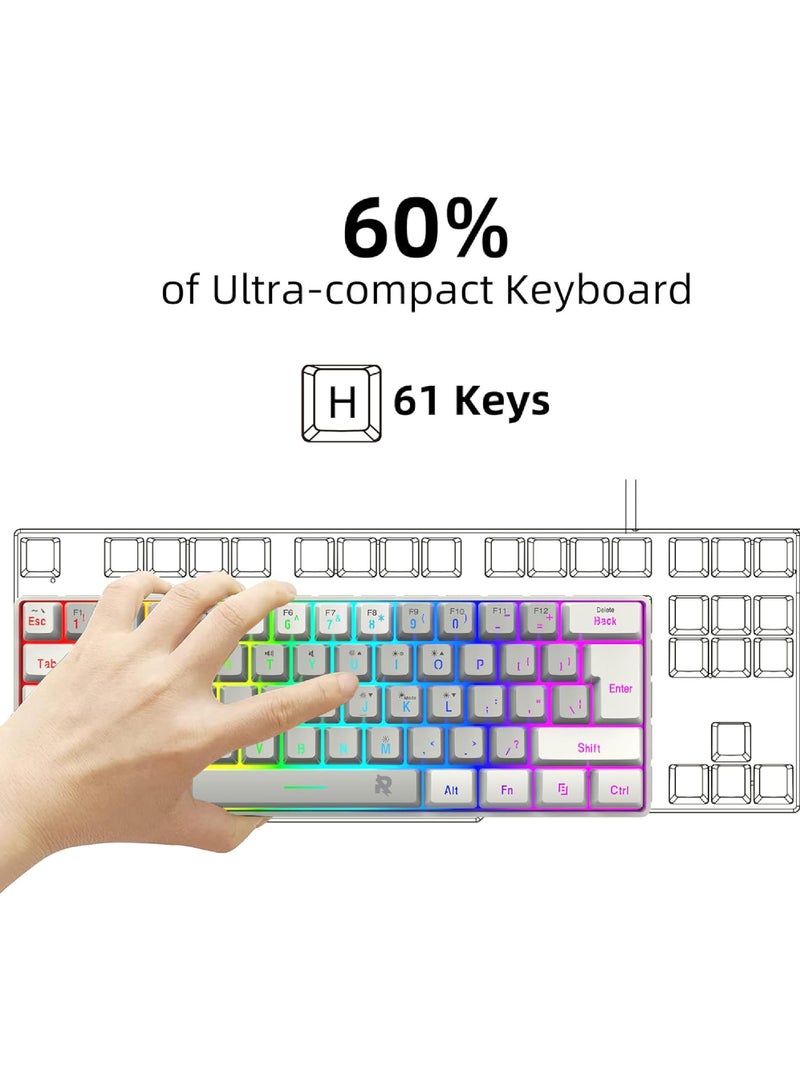 Arabic English 60% Wired Gaming Keyboard RGB Backlit Mini Keyboard Waterproof Small Ultra-Compact 61 Keys Keyboard for PC/Mac Gamer Typist Travel Easy to Carry on Business Trip